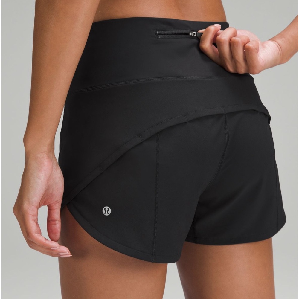 Women’s black Lululemon Speed Up High-Rise Lined Short 4”; size 4